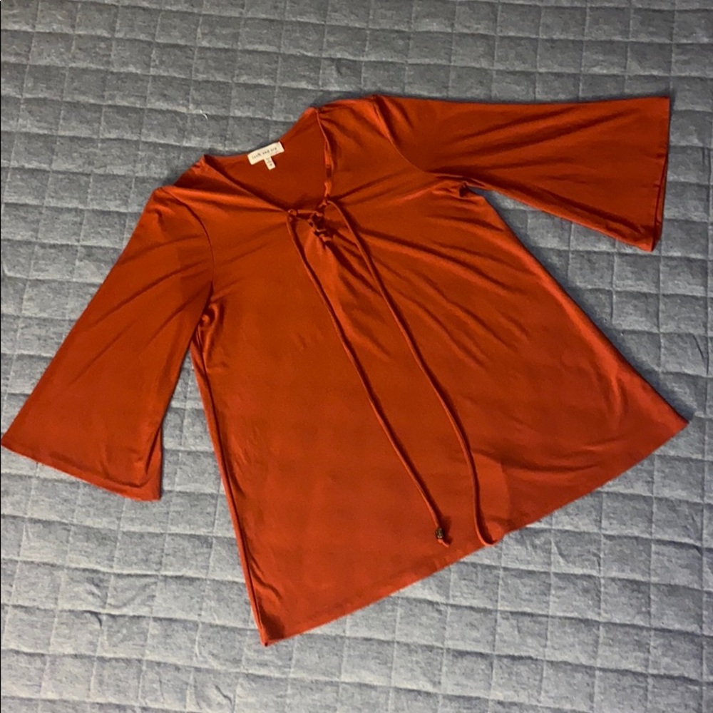 Faith and Joy Los Angeles 3/4 Sleeve Flowy Tunic Blouse Shirt Orange Rust EUC